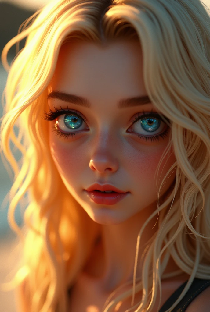 Female (the Sims graphic), long blonde spiky hair, blue eyes shining in the sun, closeup