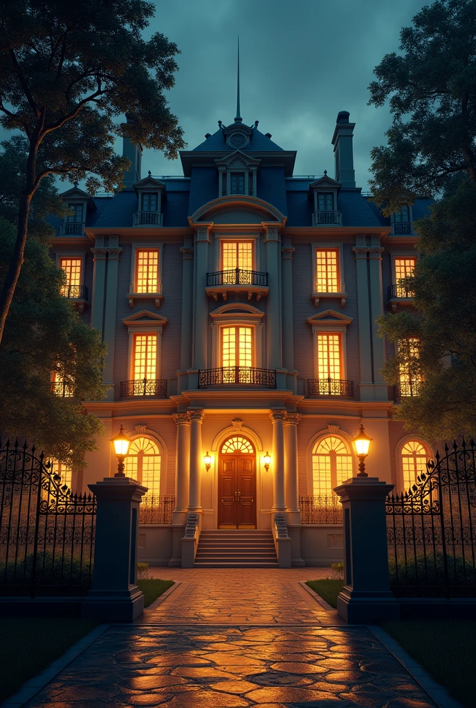 The front of a large mansion, at night, illuminated by a yellow light coming from a front point, with some fences and trees around