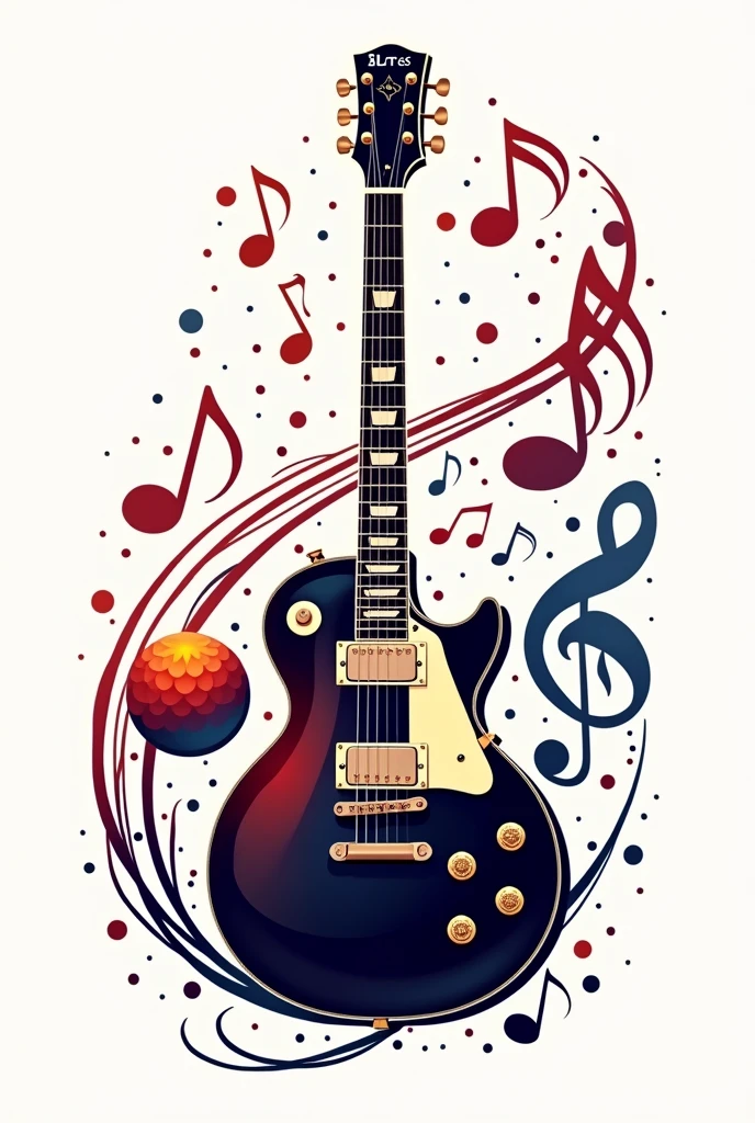 a logo with a guitar in the middle, musical notes around and a ball in the corner