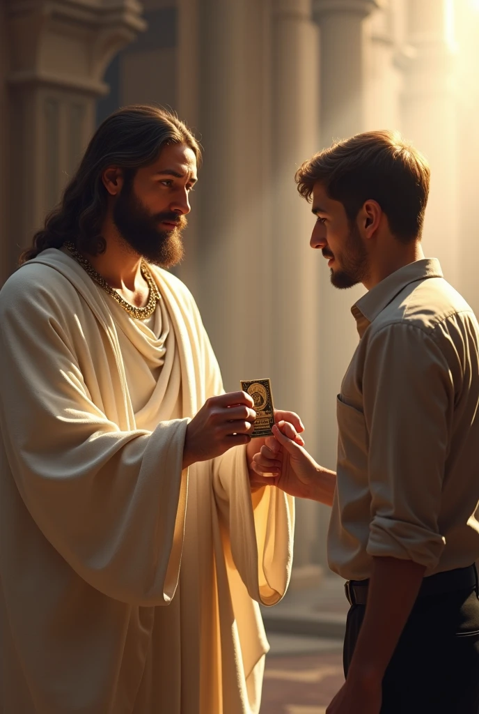 Jesus handing over a tax inspector badge to a young man who passed the public exam