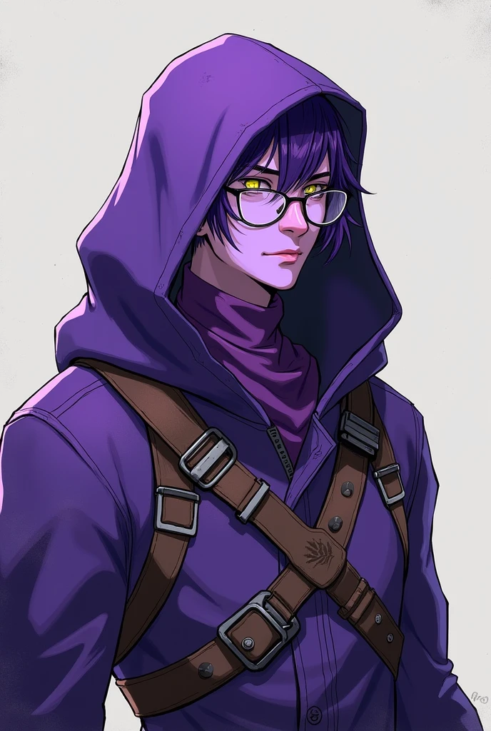 Create a male elf with purple skin and purple combat clothing and a hood of the same color, somewhat worn, with glasses and in an anime style and somewhat skinny without many muscles.