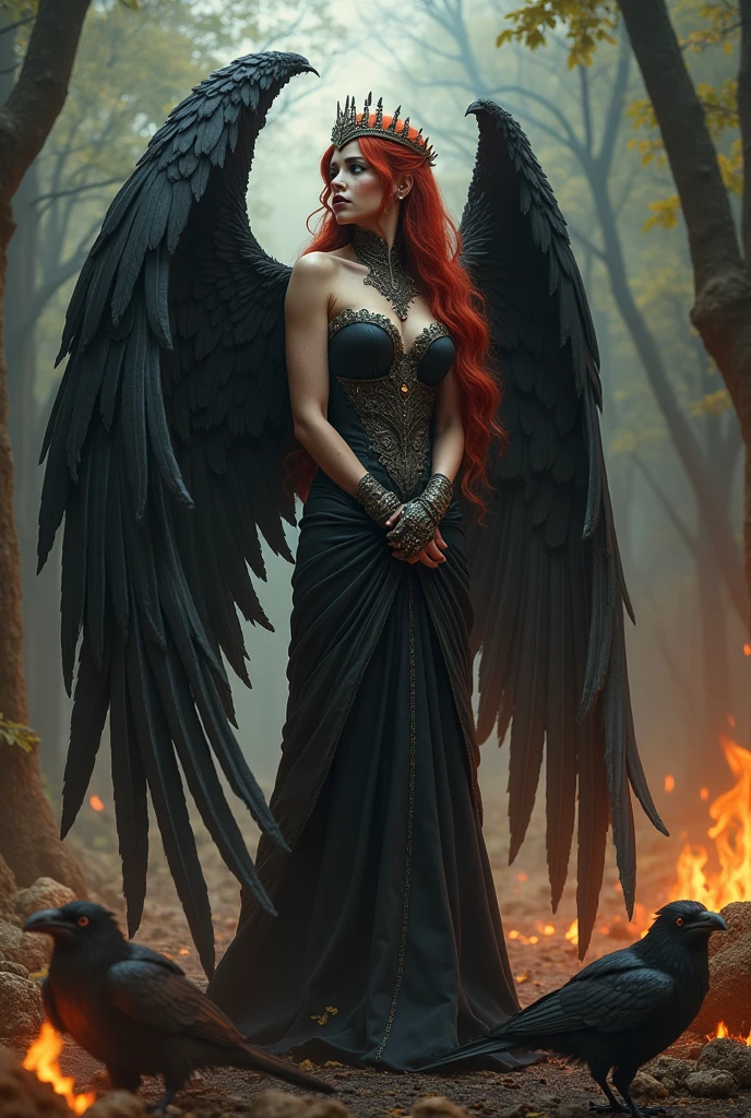 The red-haired and masked princess stands sideways, looking at her broken and very, very large wings., She has a very good physique and her dress is very nice..Kanatları KIRIK ÇATLAK KIRIK BROKEN.There is a forest on fire and there are big crows around..Her wings has broken broken broken broken broken.He looks at his cracked wings with mixed sadness and anger