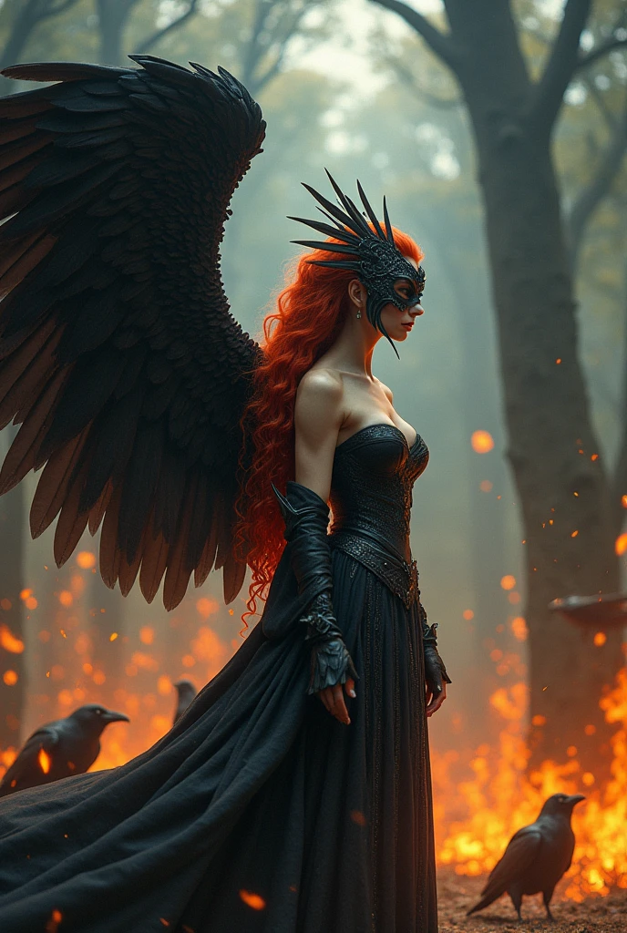 The red-haired and masked princess stands sideways, looking at her broken and very, very large wings., She has a very good physique and her dress is very nice..Kanatları KIRIK ÇATLAK KIRIK BROKEN.There is a forest on fire and there are big crows around..Her wings has broken broken broken broken broken.He looks at his cracked wings with mixed sadness and anger