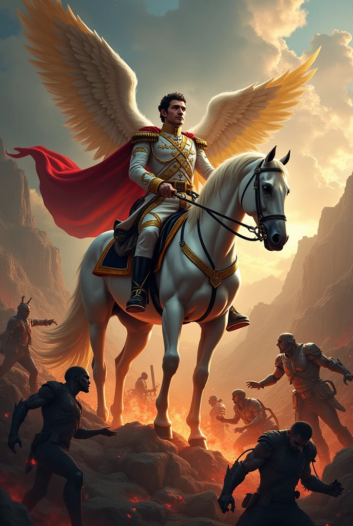 Bolivar on his white horse with his military uniform of the time and his sword next to Saint Michael the Archangel battling against demons that rise from hell with the flag of Venezuela in the sky in the background