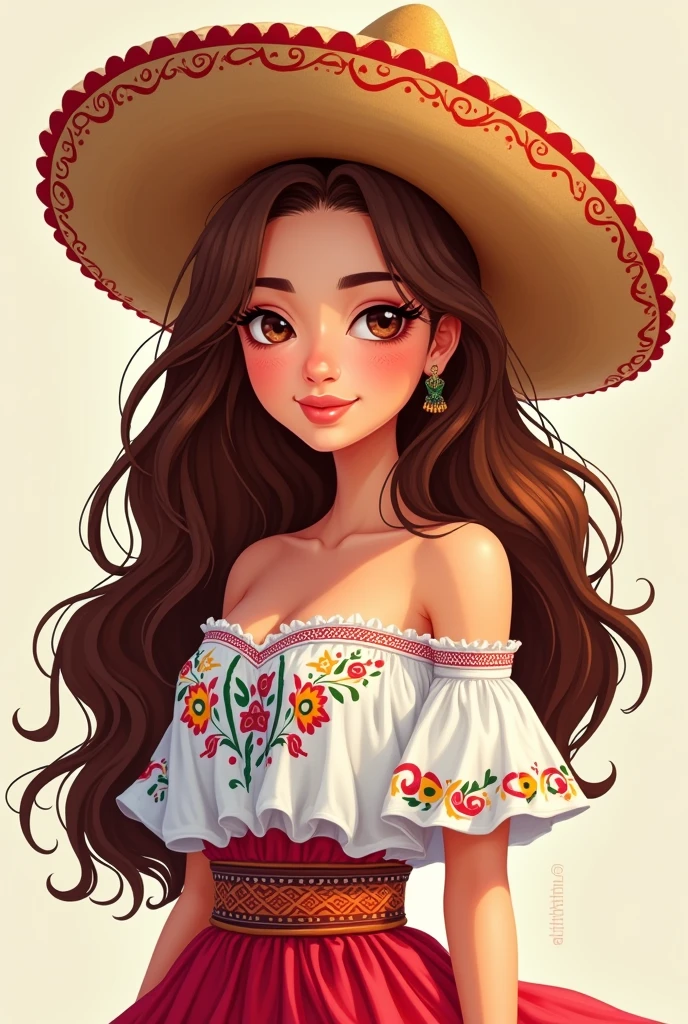 Face cute girl, Brown hair Mexican hat on head.With mexican dress. Illustrator