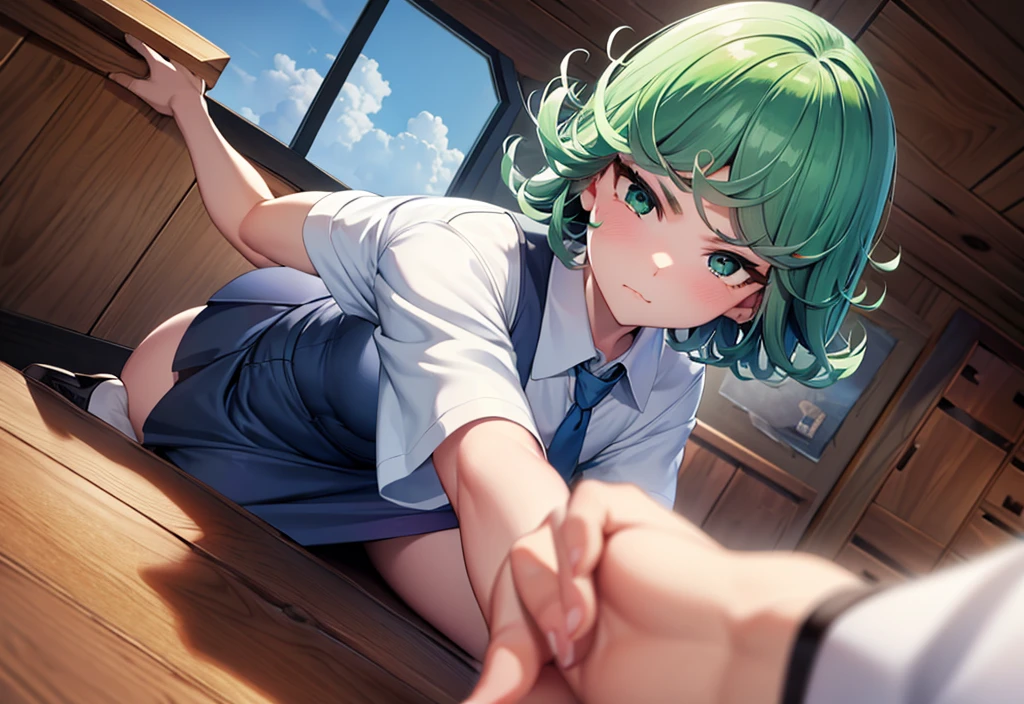 (high res, 8K, masterpiece, looking at viewer, best quality, very aesthetic, ultra detailed, ultra background, ultra Eyes) intricate details, 1girl, Tatsumaki, White short sleeved shirt, left chest pocket, short Light Blue Gray skirt, short Light Blue tie, Wearing a Waistband, school shoes, green short hair, green eyes, Angry face, Cheeks Flushed, Background Library, Cinematic Angle