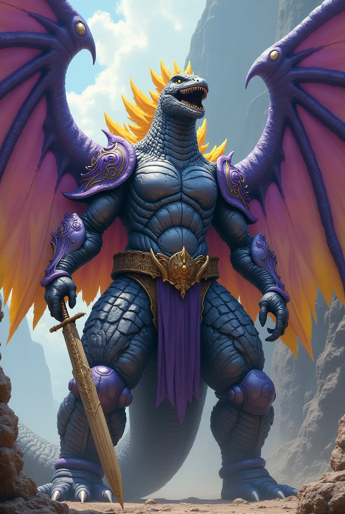Godzilla with huge purple wings yellow feathers with silver armor, lilac armor, bronze belt, holding sword and shield