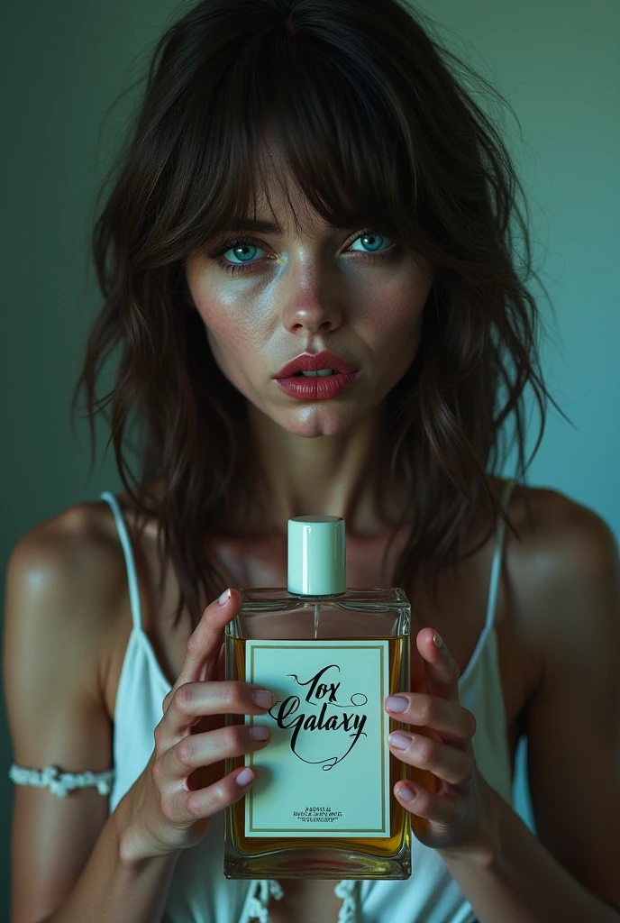 image ultra realistic, 4K, brunette woman, blue colored eyes, de corpo todo, (((holding a perfume that says ToxGalaxy)))
mutated hands, deformed, worst quality , low quality