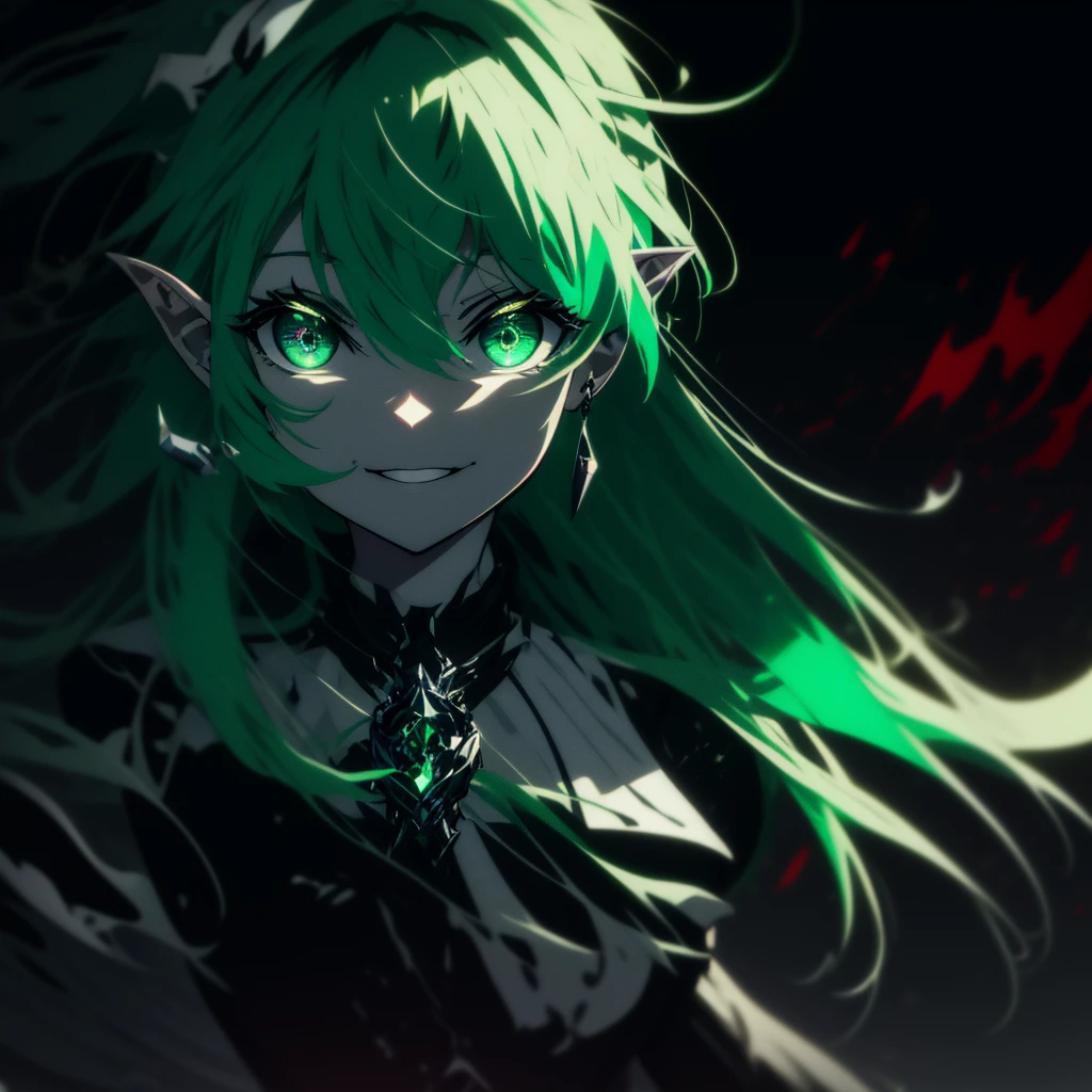 masterpiece, best quality, high quality,(a dark shapeless creature with a dark green glow and green eyes and surrounded by darkness:1.2), (darkness:1.2), abstraction, abyssopelagic, award winning photography, Depth of Field, HDR, extremely detailed, trending on artstation, trending on CGsociety, Intricate, High Detail ,Cybergoth , Sharp green multi-colored Eyes, Exaggerated evil facial expressions , (masterpiece), best quality , bright green hair, multi-colored hair , Space theme , White particles, wallpaper, Gothic , Elf , Anime , HD , Evilness , Demon lord , Cosmic Being , gore , Goddess , psychopath , Dark Theme , provocative smile, closed mouth, (evil:1.2), heterochromia, portrait, glitchcore, chains, yameroyandere, constricted pupils, yandere, empty eyes, shaded face, crazy eyes, glowing eyes, crazy smile, dark , Very Small breast