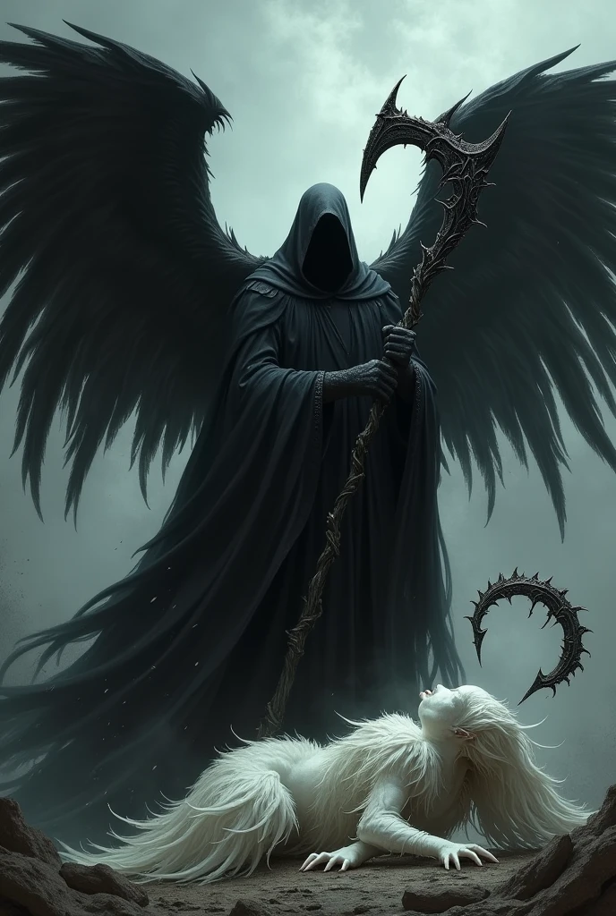 Death with aspect  , dark and Machiavellian , Black Wings ,killing a > withe wings, using his scythe, the angel is>> , the destroyed handles , Death holds a decapitated angel head with the halo