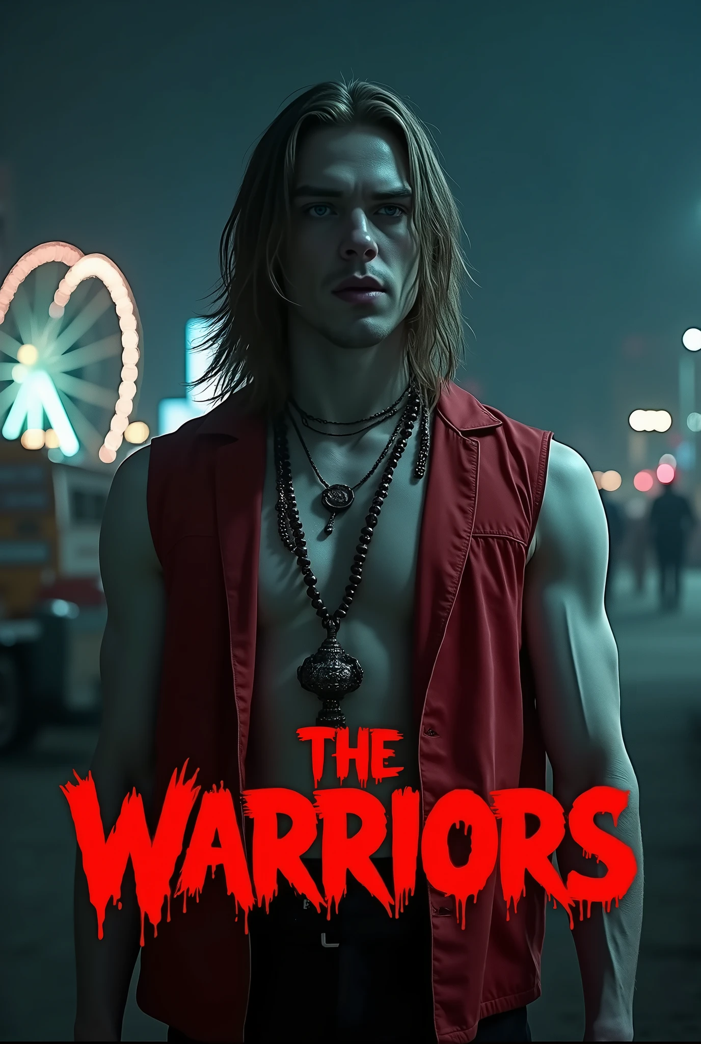 Movie poster style image with dark background and minimal lighting, highlighting a single male subject in the foreground. The subject has white skin and wears a bright red sleeveless vest with light brown hair down to his shoulders. He also has a necklace with large beads. The text 'The Warriors' is prominently displayed in bold, red graffiti-style font at the bottom of the image. In the background, there are faint outlines of buildings and a ferris wheel, contributing to the urban night scene. 