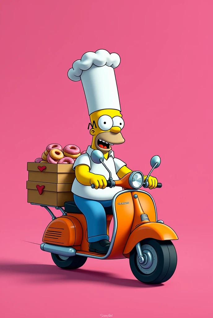 Homer Simpson dressed as a chef on a donut delivery motorcycle, pink back ground
