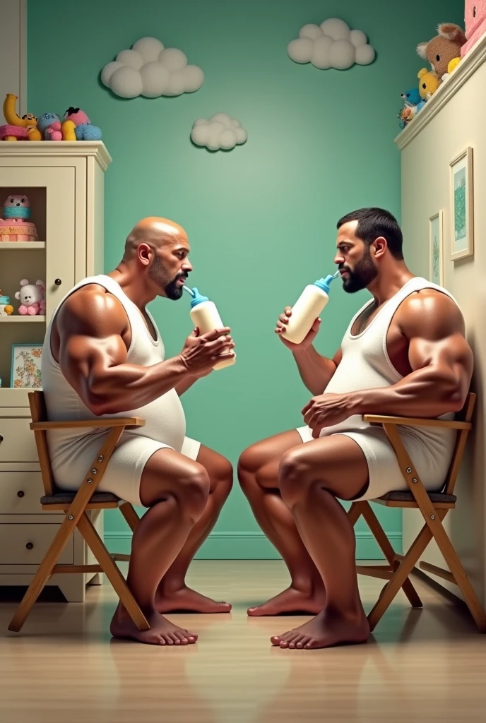 **[Scene: A Nursery, Dwayne Johnson and John Cena are both wearing oversized baby onesies and sitting in high chairs, each holding a baby bottle filled with milk.]**

**Dwayne Johnson**: (Takes a sip from the bottle and looks at Cena) You know, Cena, I didn’t expect to be chugging milk in a diaper today. But hey, whatever it takes to get these gains, right?

**John Cena**: (Grinning, also sipping from his bottle) Yeah, Rock. But who knew that getting “stronger” meant drinking milk like we’re back in kindergarten? I’m just waiting for my nap time!

**Dwayne Johnson**: (Laughs) Nap time? Forget that, man. I’m about to bench press this crib right here. But first, let me finish this... (Chugs the rest of his milk and burps loudly)

**John Cena**: (Mocking surprise) Whoa, easy there, big guy! You don’t want to scare the other babies with those grown-up burps!

**Dwayne Johnson**: (Smirking) Hey, burping is just the sound of victory, Cena. Besides, after this, I’m moving on to solid foods – mashed bananas, here I come!

**John Cena**: (Laughs and raises his bottle) I’ll toast to that! But just remember, Rock, when it’s diaper-changing time, you’re on your own. 

**Dwayne Johnson**: (Grins) Deal. But until then, let’s see who can finish this milk first – loser has to take the next nap! 

**[Both start chugging their bottles, laughing the whole time.]**