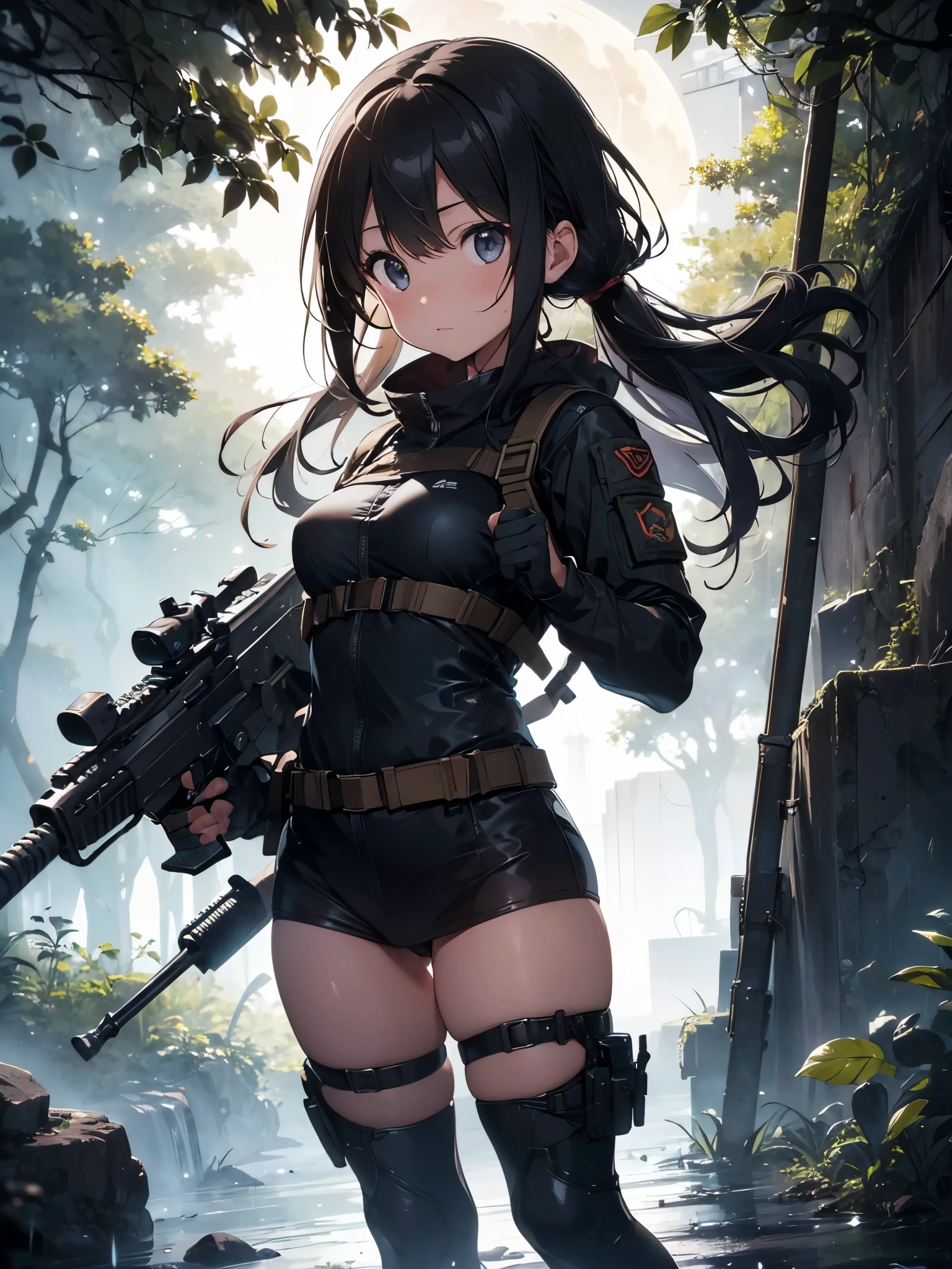 (masterpiece, best quality:1.2), 1 girl, solo, Tactical knight, light armor, tactical equipment, tactical straps, leather equipment, tactical accessories, knight accessories, 1girl, medieval background, tactical armored boots, light equipment, 1girl, tactical explorer equipment, tactical command equipment, tactical combat equipment, tactical straps, mission cover in the jungle during storm, tactical assault, hunting the target, night jungle background, moon in the sky, rain night, dynamic background, aim at the target, assault rifle, ready to shoot pose, on the branch of a tree, attention to detail, masterpiece, dark clothes, full body, darkness night, clothes slightly wet from the rain, dark night, dark jungle, night jungle, rain night, clothes slightly wet, dark background, light equipment