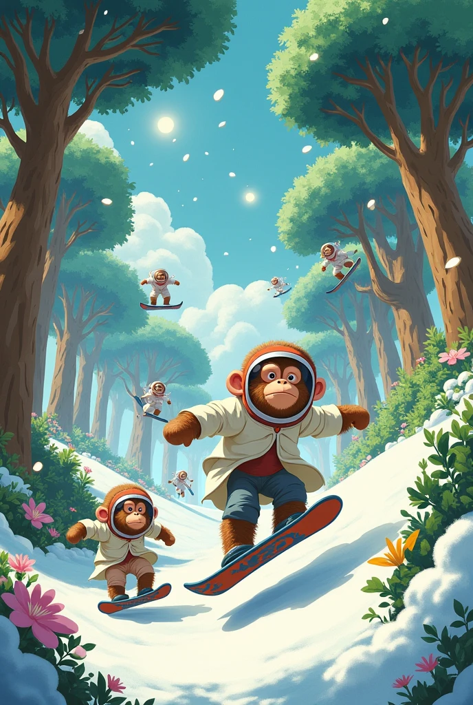 Make the Garden of Delights but with apes, Doctors and astronauts snowboarding in studio ghibli style