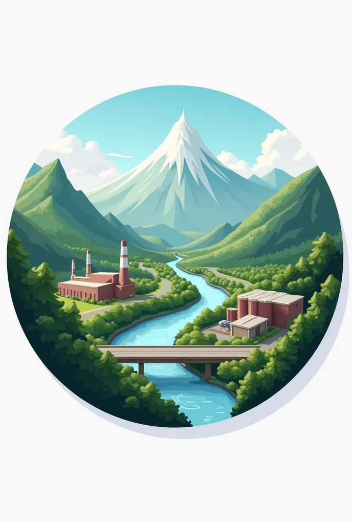 Create a circular badge. In the lower right corner of the circle, place the Paraíba do Sul River.. In the middle of the circle, from the bottom to the top, place the Presidente Dutra Highway. In the lower left corner, place a Factory that is clearly highlighted.. In the upper part of the inner circle place the mountains of the peak of the black needles. In the lower left corner of the inside of the circle place the round hemlock forest.