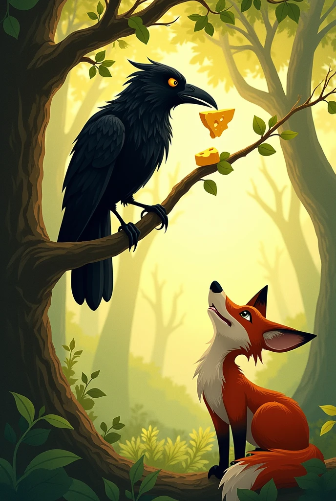 Create an image about the fable " the crow and the fox"