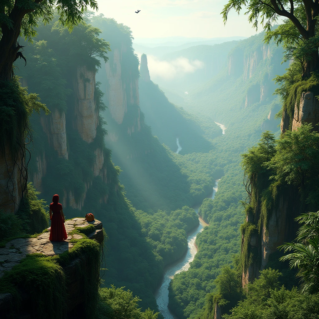 Create a hyperrealistic, ultra-HD image of a dense, ancient jungle seen from a towering peak. The sunlight filters through the canopy, casting dappled shadows on the forest floor. In the distance, mist hangs low over the valley. Include intricate details like moss-covered rocks, winding rivers, and exotic wildlife. The image should evoke a sense of awe and wonder at the beauty of nature."