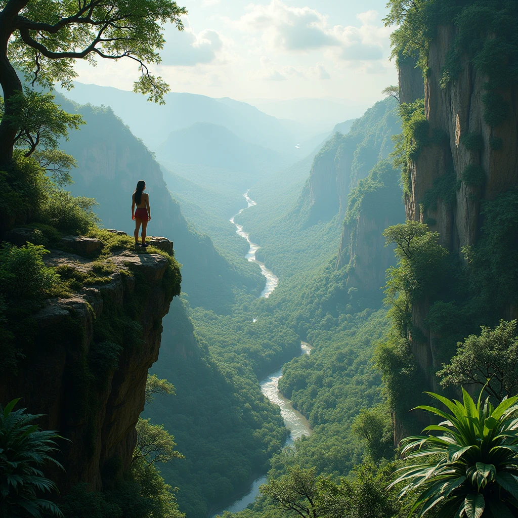 Create a hyperrealistic, ultra-HD image of a dense, ancient jungle seen from a towering peak. The sunlight filters through the canopy, casting dappled shadows on the forest floor. In the distance, mist hangs low over the valley. Include intricate details like moss-covered rocks, winding rivers, and exotic wildlife. The image should evoke a sense of awe and wonder at the beauty of nature."