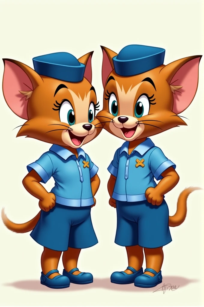 Baby Tom and Baby Jerry dressed as stewardesses in blue suits
