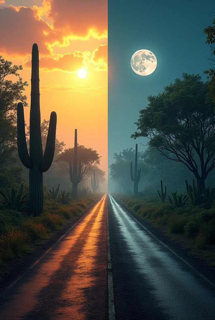 create an image cut in half by two roads vertically, where on the road on the left there is the caatinga biome with cacti during the day and on the road on the right there is the Pantanal biome with swamps at night