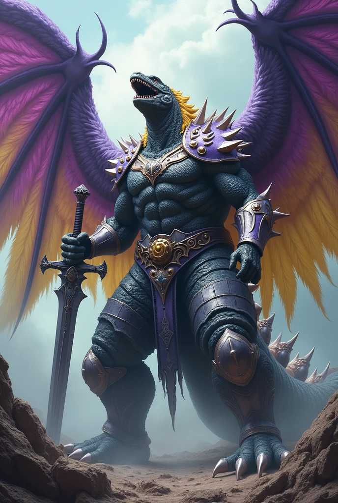 Godzilla with huge purple wings yellow feathers with silver armor, lilac armor, bronze belt, holding sword and shield