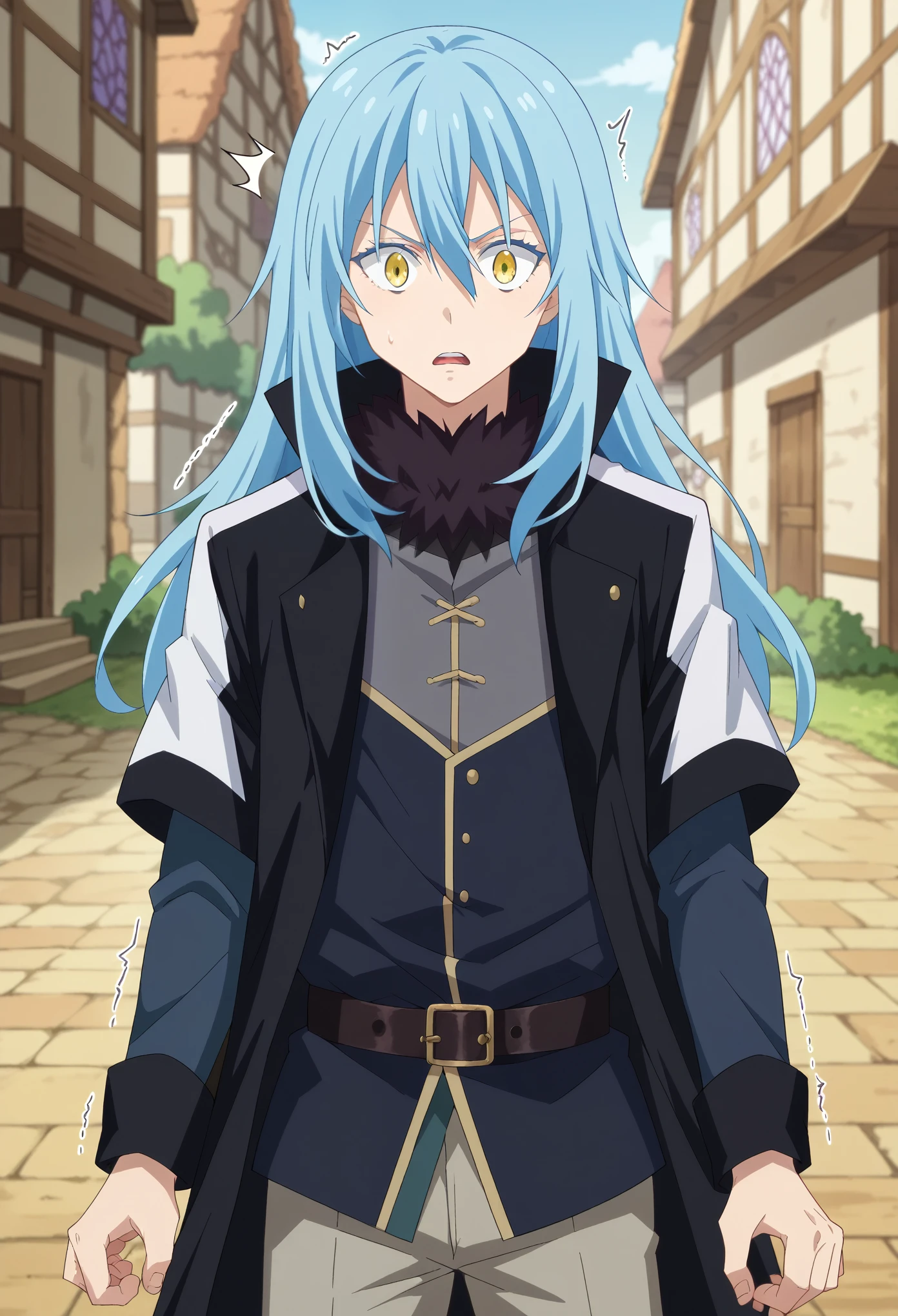 score_9, score_8_up, score_7_up, 1boy, solo, rimuru tempest, long hair, hair between eyes, blue hair, yellow eyes, long sleeves, open clothes, belt, pants, coat, black pants, buckle, black belt, open coat, black coat, belt buckle, grey pants, standing, shaking, surprised, looking at you, medieval village