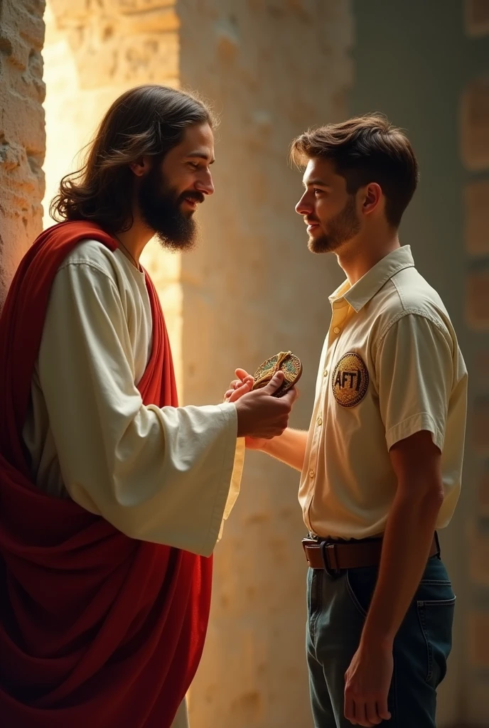 Jesus handing over a tax inspector badge to a young man who passed the public exam. The young man has an emblem saying AFT on his shirt.