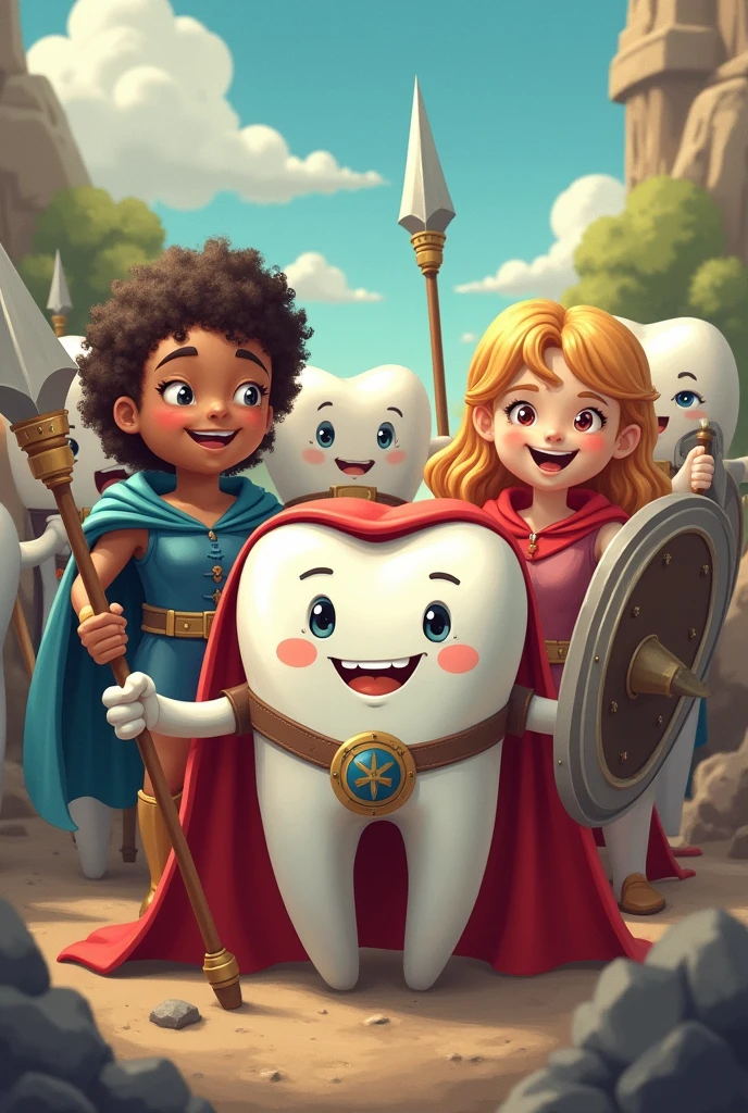 several little teeth smiling, with different expressions of bravery, some like super hero cape, others with spear, others with shield. Different ethnicities and colors