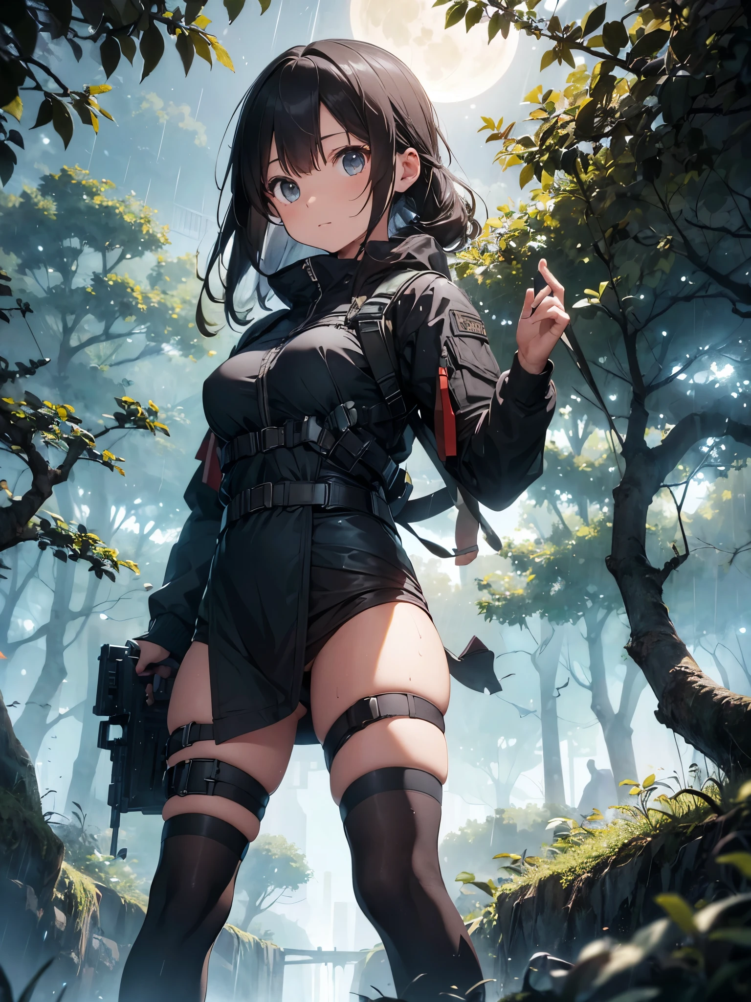 (masterpiece, best quality:1.2), 1 girl, solo, Tactical knight, light armor, tactical equipment, tactical straps, leather equipment, tactical accessories, knight accessories, 1girl, medieval background, tactical armored boots, light equipment, 1girl, tactical explorer equipment, tactical command equipment, tactical combat equipment, tactical straps, mission cover in the jungle during storm, tactical assault, hunting the target, night jungle background, moon in the sky, rain night, dynamic background, aim at the target, assault rifle, ready to shoot pose, on the branch of a tree, attention to detail, masterpiece, dark clothes, full body, darkness night, clothes slightly wet from the rain, dark night, dark jungle, night jungle, rain night, clothes slightly wet, dark background, light equipment