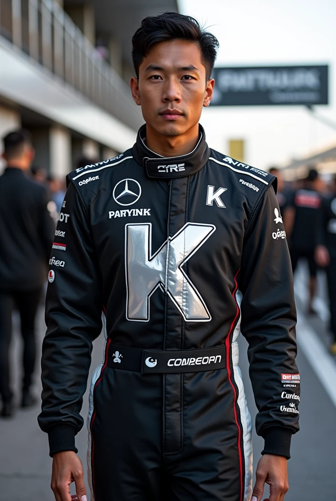 Filipino f1 driver wearing black and white tracksuit with chrome logo as sponsor with a large “K” on the suit (no helmet)