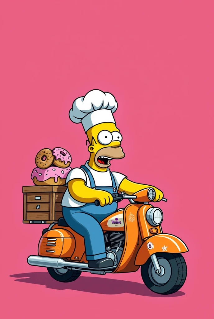 Homer Simpson dressed as a chef on a donut delivery motorcycle, pink back ground  

