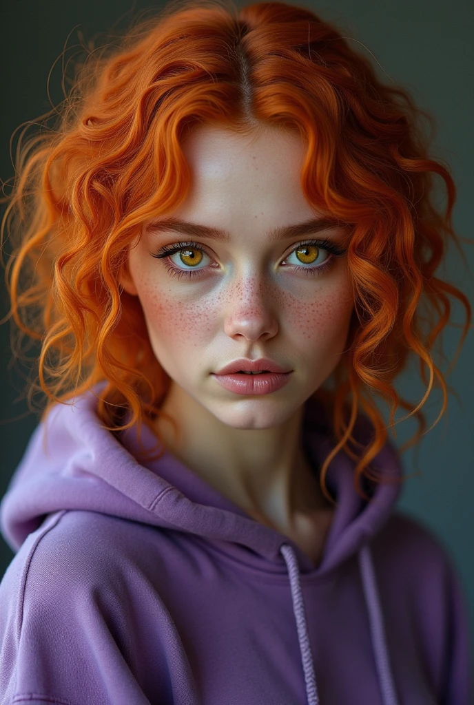 A beautiful woman with curly orange hair, braids, yellow eyes, freckles on her skin, and wearing a purple hoodie.