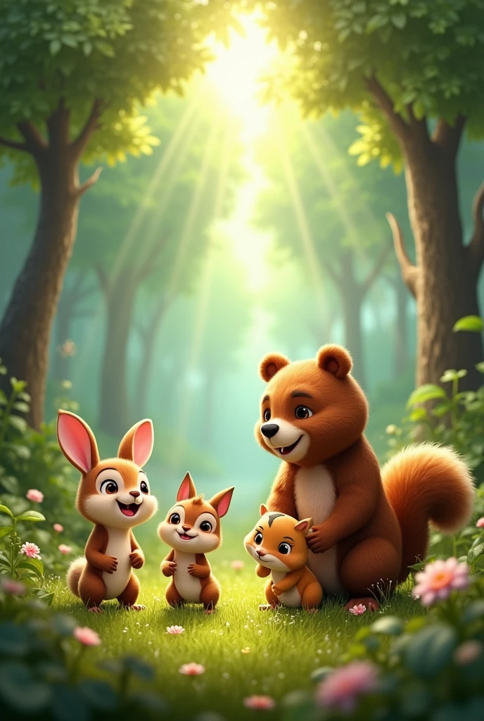 Once upon a time in an enchanted forest, Four very special friends: the hopping bunny, the little bird Trino, Squirrel Chispa and Cuddly Bear.
