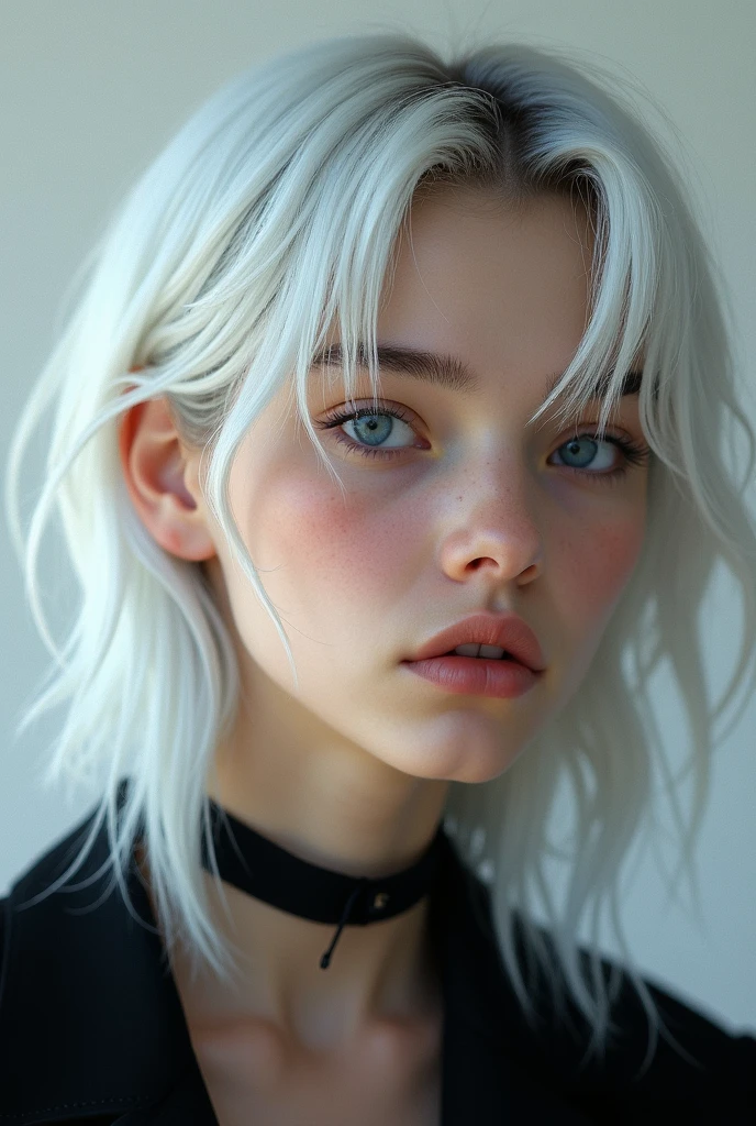1 ager with white hair but with black streaks and blue eyes