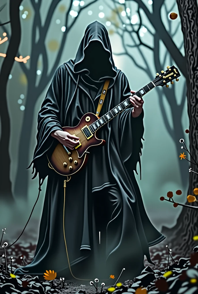hooded metal music man guitarist faceless with robe in full body metal attitude haunted forest with guitar les paul sorcier du heavy metal, Electric guitar slash position

