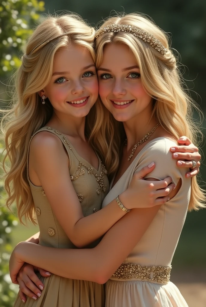 Blonde blue eyed girl resembling Blair Waldorf from gossip girl dressed as Blair Waldorf hugging adult woman like Lili Bass from gossip girl as mother and daughter