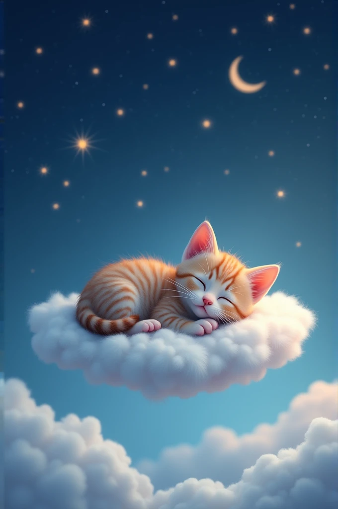 "Very cute kitten sleeping on a white cloud with bright stars in the background, 4K images."