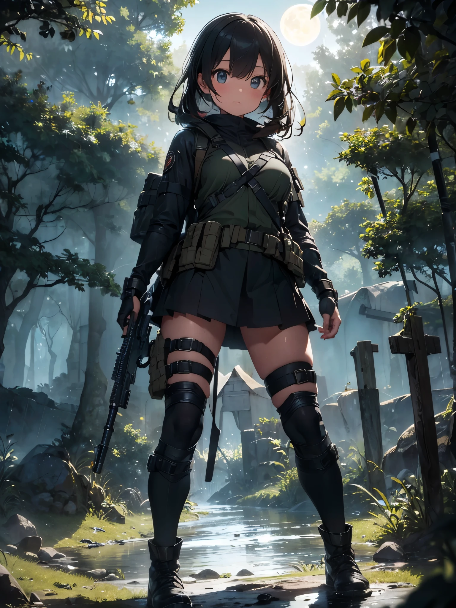 (masterpiece, best quality:1.2), 1 girl, solo, Tactical knight, light armor, tactical equipment, tactical straps, leather equipment, tactical accessories, knight accessories, 1girl, medieval background, tactical armored boots, light equipment, 1girl, tactical explorer equipment, tactical command equipment, tactical combat equipment, tactical straps, mission cover in the jungle during storm, tactical assault, hunting the target, night jungle background, moon in the sky, rain night, dynamic background, aim at the target, assault rifle, ready to shoot pose, on the branch of a tree, attention to detail, masterpiece, dark clothes, full body, darkness night, clothes slightly wet from the rain, dark night, dark jungle, night jungle, rain night, clothes slightly wet, dark background, light equipment