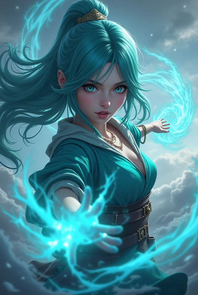mage girl, wind magic, perfect turquoise hair, perfect blue eyes, fighting stance, sky background, lots of wind, dark tones, line art, artwork, (best quality,4k,8k,highres,masterpiece:1.2),ultra-detailed,(realistic,photorealistic,photo-realistic:1.37),fantasy,digital art,concept art,detailed face,detailed eyes,detailed lips,detailed hair,cinematic lighting,dramatic scene,powerful magic,swirling wind,moody atmosphere