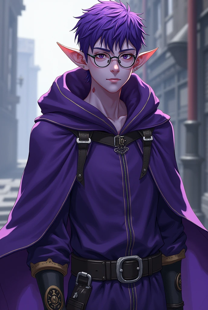 Create a male elf with purple skin and purple combat clothing and a hood of the same color, somewhat worn, with glasses and in an anime style and somewhat skinny without many muscles and with some scars.