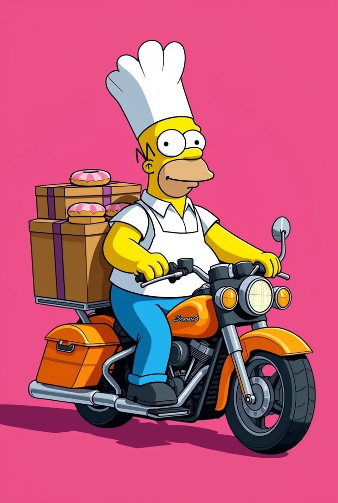 Homer Simpson dressed as a chef on a donut delivery motorcycle, pink back ground  

