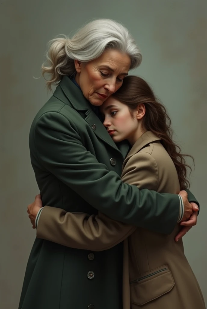 Lesbian mature women in overcoat hugging a young girl

