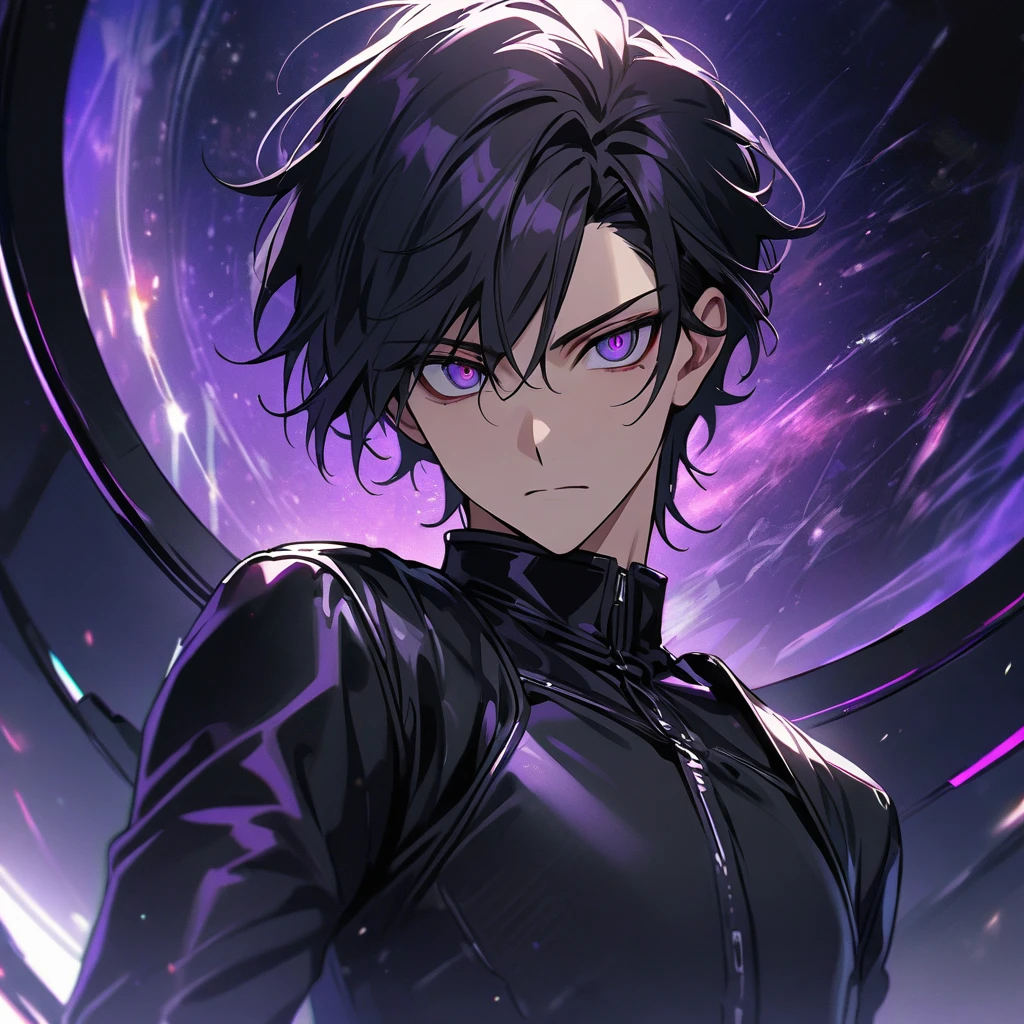 High quality, HD, 4k, no shadows, handsome male, handsome, extremly handsome, 1male, 1 male, teenager, pure black hair, short black hair, dark hair, black hair, jet black hair, sharp eyes, deep purple colored eyes, dark purple colored eyes, deep violet eyes, violet eyes, devil may cry, close up, calm expression, stoic expression, black leather clothes, black leather clothing, leather clothing, lean body, well trained body, upper body, looking at viewer, cowboy shot, white solar, space background