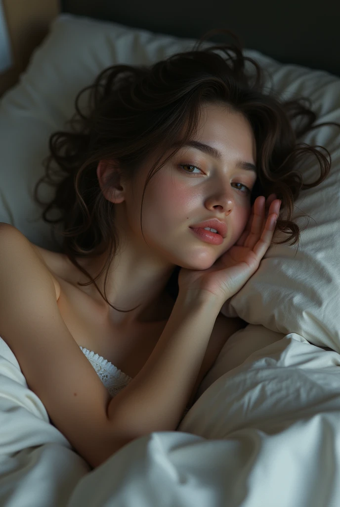 A shirt less age girl, lying in bed,