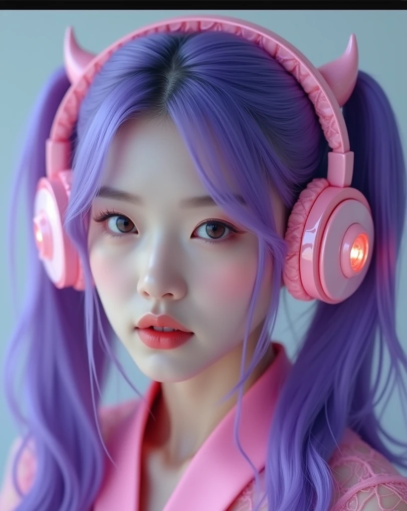 Mulher borboleta de cabelo roxo coreana de Maria Chiquinha com roupa rosa transparente fundo inferno com demônios com violino 🎻 e ela também orquestra infernal de demônios corpo inteiro imagens de corpo inteiro