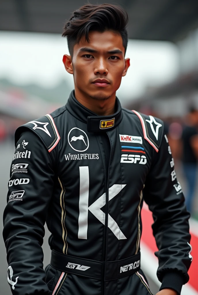 Good looking Filipino f1 driver wearing black and white tracksuit with chrome logo as sponsor with a large “K” on the suit (no helmet)