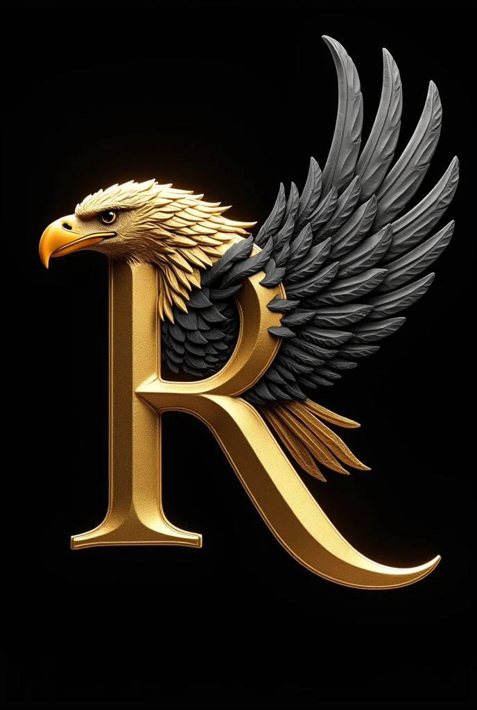 Create a large, golden 3d letter R with a golden bald eagle&#39;s head coming out from the right side of the letter, hugging it with a wing of black feathers.,  all this on a black background