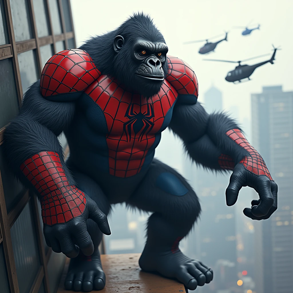 Spider-Man and gorilla hybrid version.The gorilla looks like Spider-Man and Gorilla is wearing a red and blue Spider-Man suit. The gorilla is also wearing a Spider-Man face mask. And he is hanging from a building. Some helicopters are also flying around the building