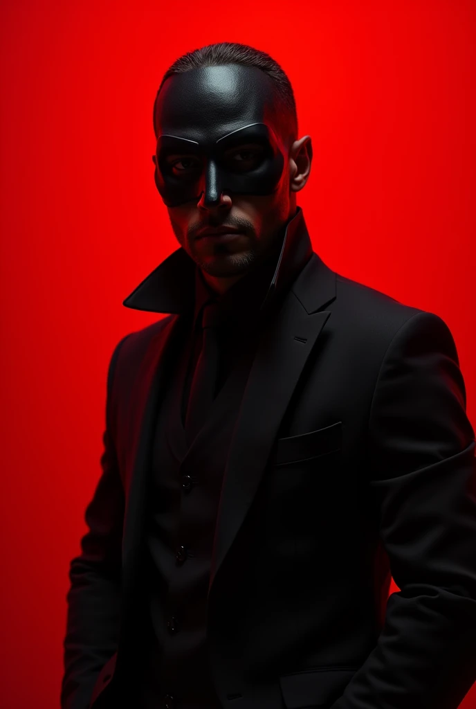  générer un image d’un homme charismatique dont le visage ne fais pas voir portant une veste 
L’homme aura le visage noir 
Il sera dans le rouge le plus vif totale 
Je veux pas une autre couleur dans l’image à part le noir et le rouge .masque noir sur le visage de l’homme . L’homme complet de la tête au pied 